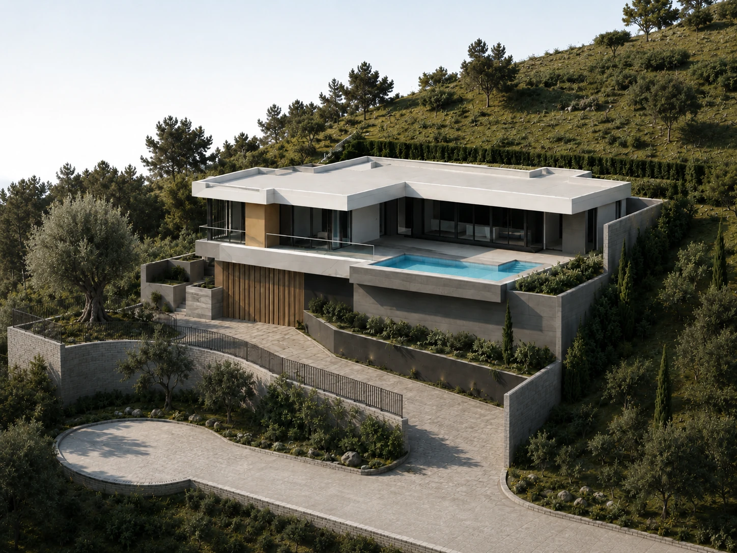 Prueba de render diurno de la misma vivienda contemporánea en una ladera